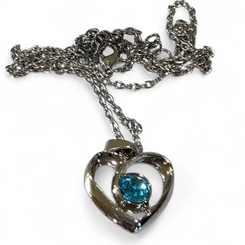 Silver-tone Light Blue Solitaire Stone Open Heart Pendant Silver Chain Necklace